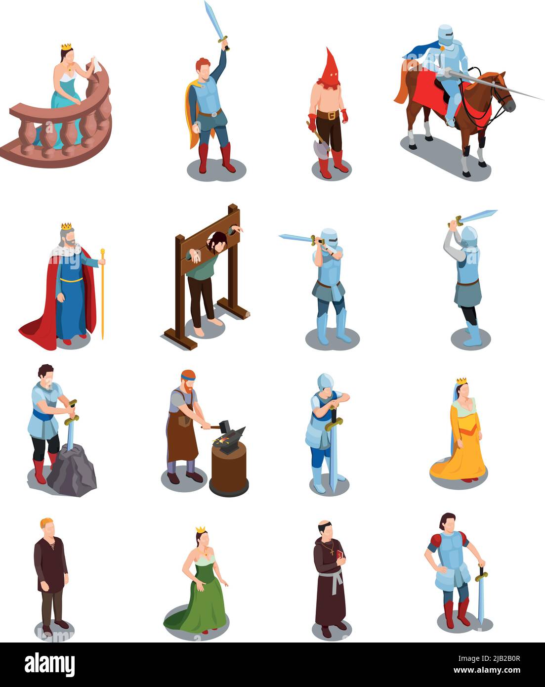 Medieval isometric icons with royal persons knights torture scene priest and blacksmith isolated vector illustration Stock Vector
