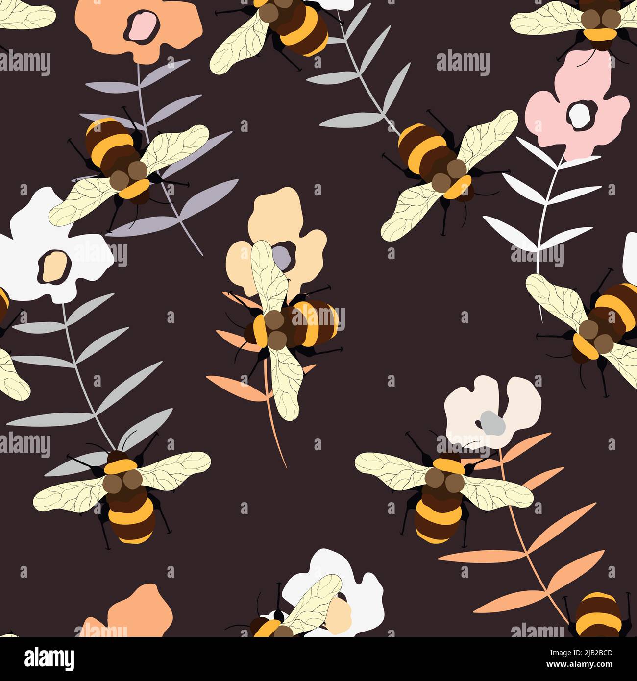 Seamless pattern with bees on floral background. Small wasp. Vector ...