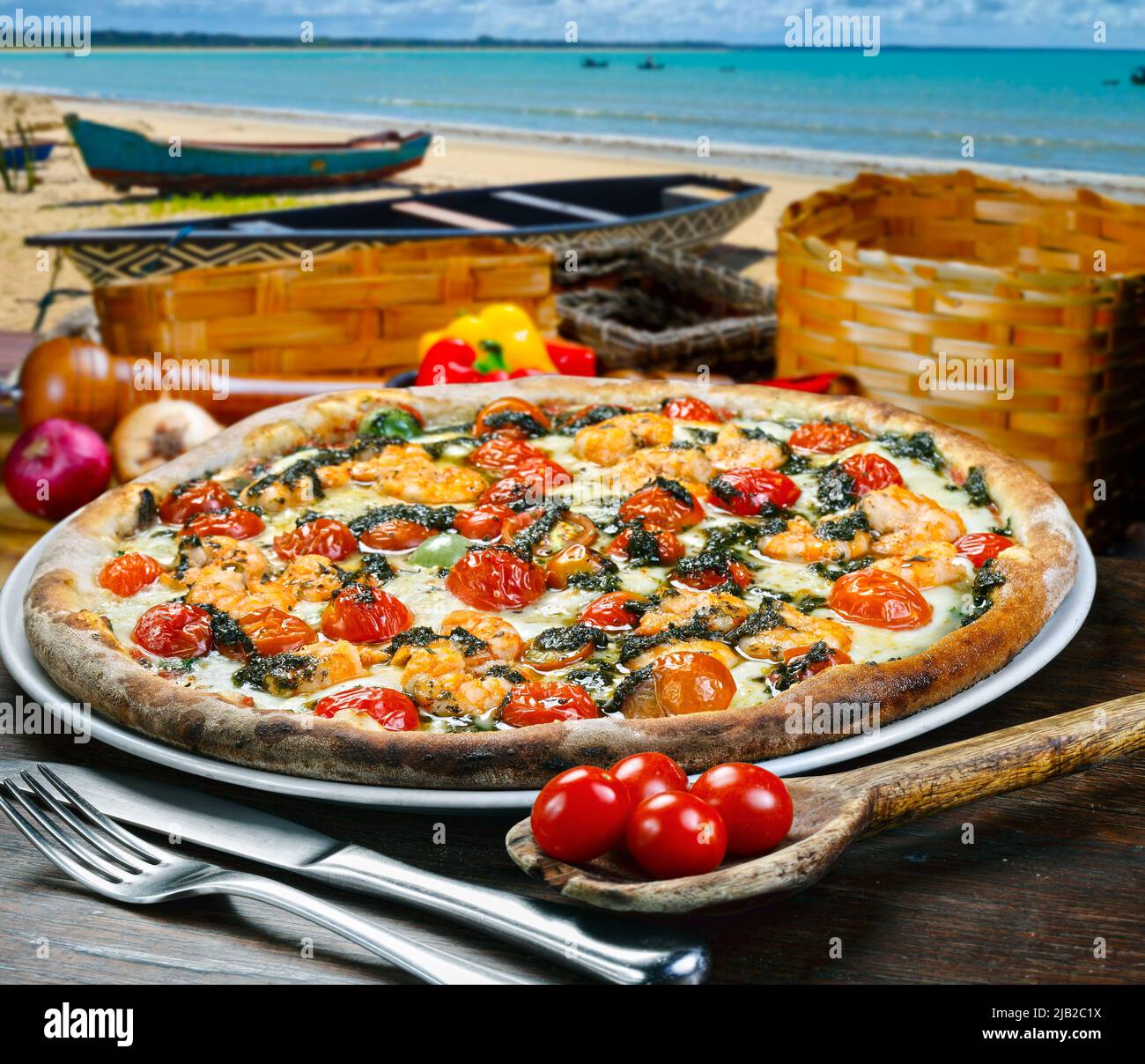 Seafood pizza, pizzeria on the beach Stock Photo Alamy