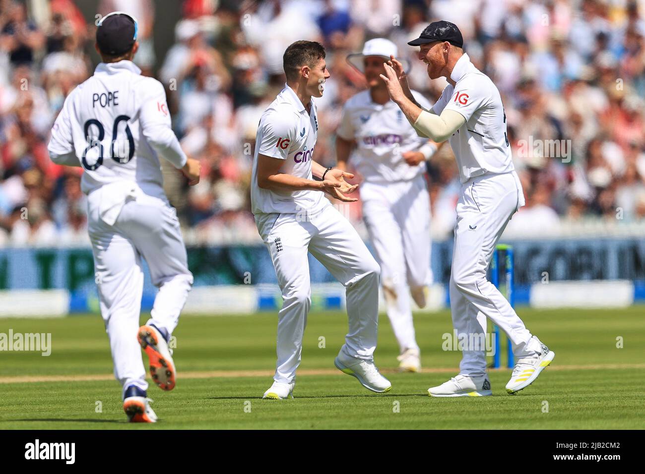 Matthew Potts of England celebrates bowling Tom Blundell of New Zealand in ,  on 6/2/2022. (Photo by Mark Cosgrove/News Images/Sipa USA) Stock Photo