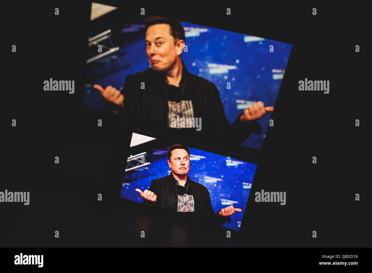 Elon Musk on screen. Elon Reeve Musk FRS is a business magnate and investor Stock Photo
