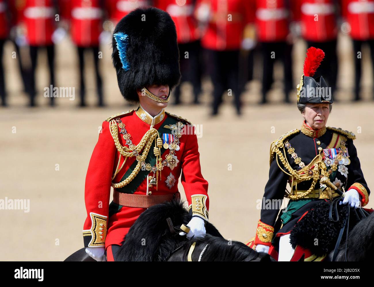 The Duke of Cambridge and the Princess Royal during the Trooping the Colour ceremony at Horse Guards Parade, central London, as the Queen celebrates her official birthday, on day one of the Platinum Jubilee celebrations. Picture date: Thursday June 2, 2022. Stock Photo