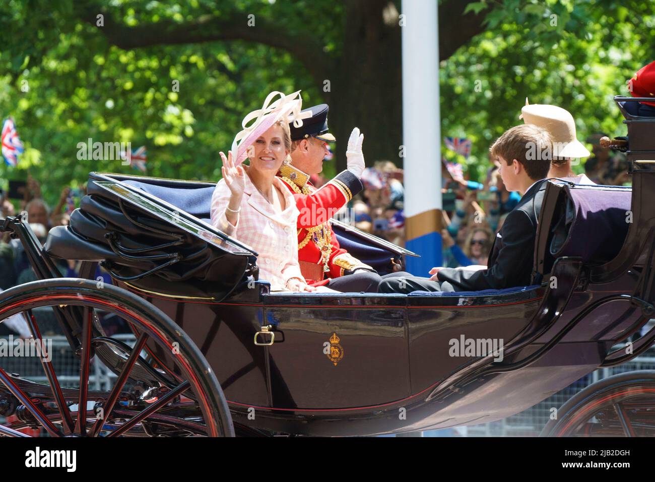 LONDON - JUNE 2: Sophie, Countess of Wessex, Prince Edward, James, Viscount Severn and Lady Louise Windsor, in a carriage on The Mall at the Trooping the Colour ceremony on June 2, 2022 in central London. Photo by David Levenson Credit: David Levenson/Alamy Live News Stock Photo