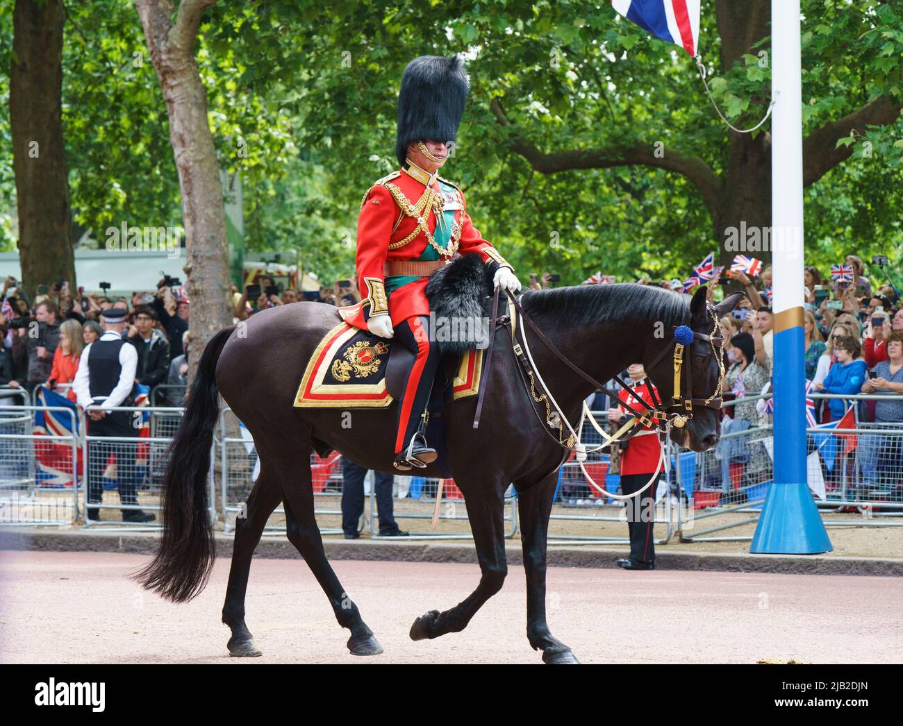 LONDON - JUNE 2: Prince Charles, the Prince of Wales, rides down The Mall, at the Trooping the Colour ceremony on June 2, 2022 in central London. Photo by David Levenson Credit: David Levenson/Alamy Live News Stock Photo