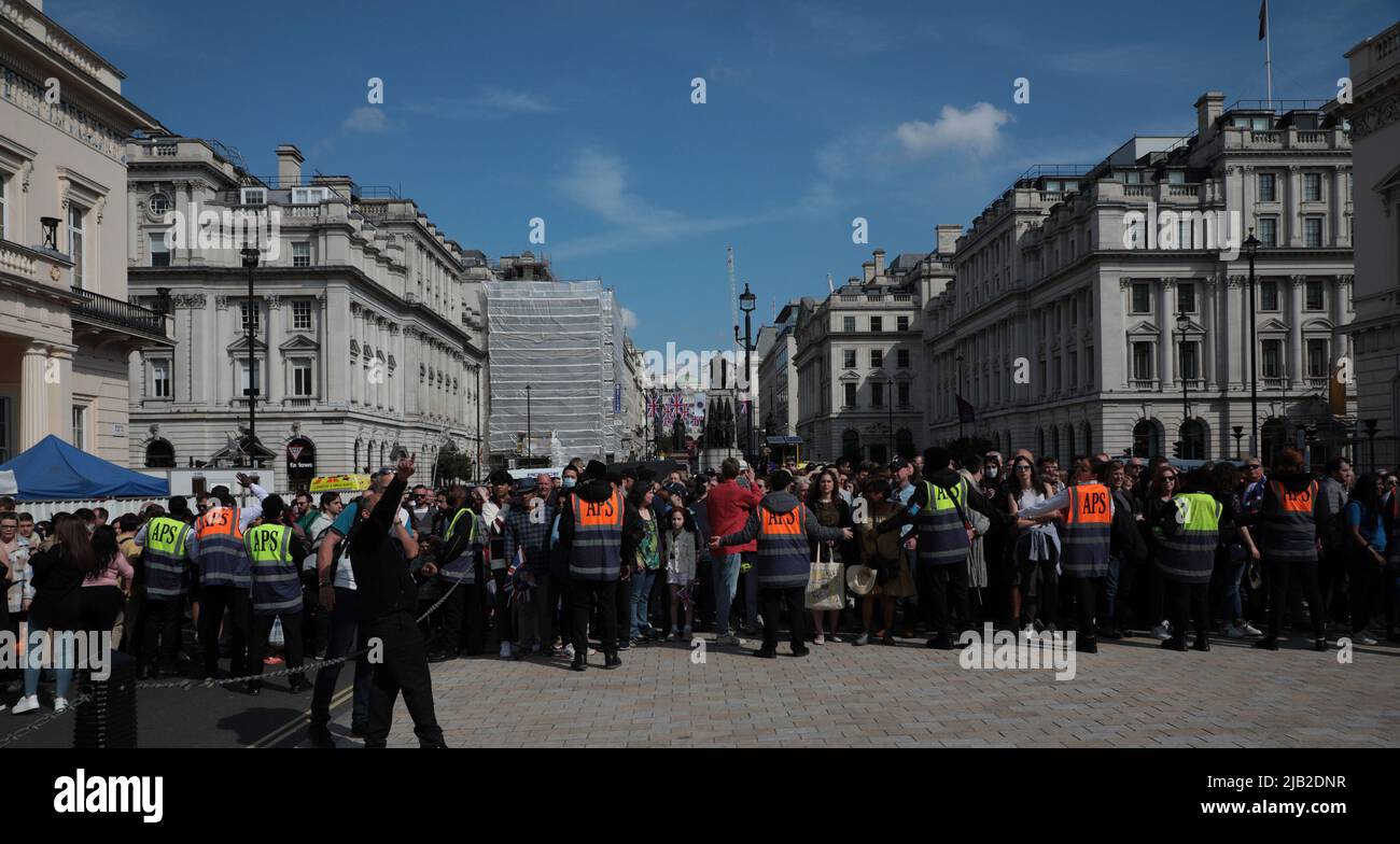 London, UK. 02nd June, 2022. Security holds back crowds in Central London on the start of the Platinum Jubilee celebrating seventy years of Her Majesty Queen Elizabeth 11 on the throne Thursday, June 02, 2022.Celebrations are occurring across the country in celebration of the Queen. Photo by Hugo Philpott/UPI Credit: UPI/Alamy Live News Stock Photo