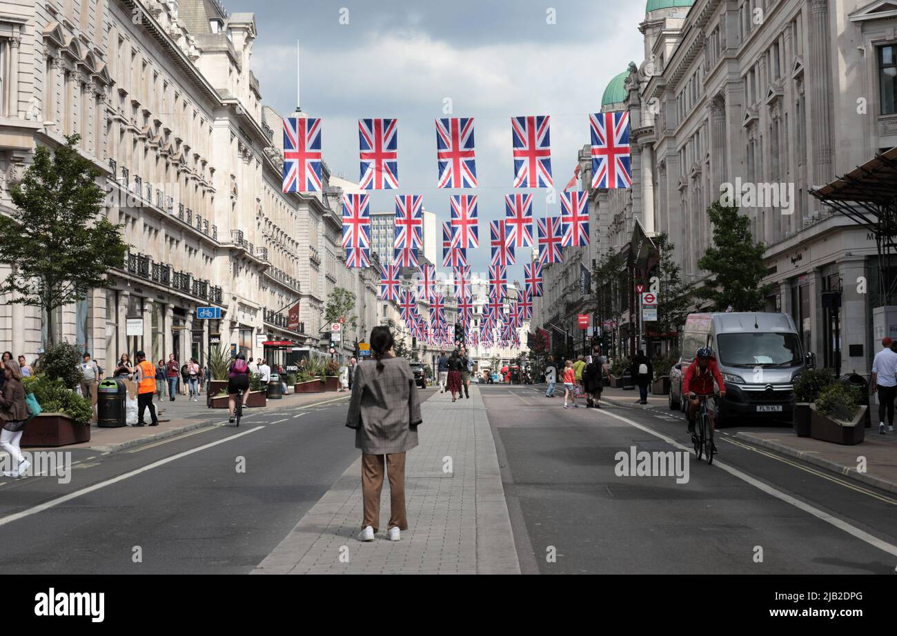 London, UK. 02nd June, 2022. London streets are adorned in Union Jack flags on the start of the Platinum Jubilee celebrating seventy years of Her Majesty Queen Elizabeth 11 on the throne Thursday, June 02, 2022.Celebrations are occurring across the country in celebration of the Queen. Photo by Hugo Philpott/UPI Credit: UPI/Alamy Live News Stock Photo