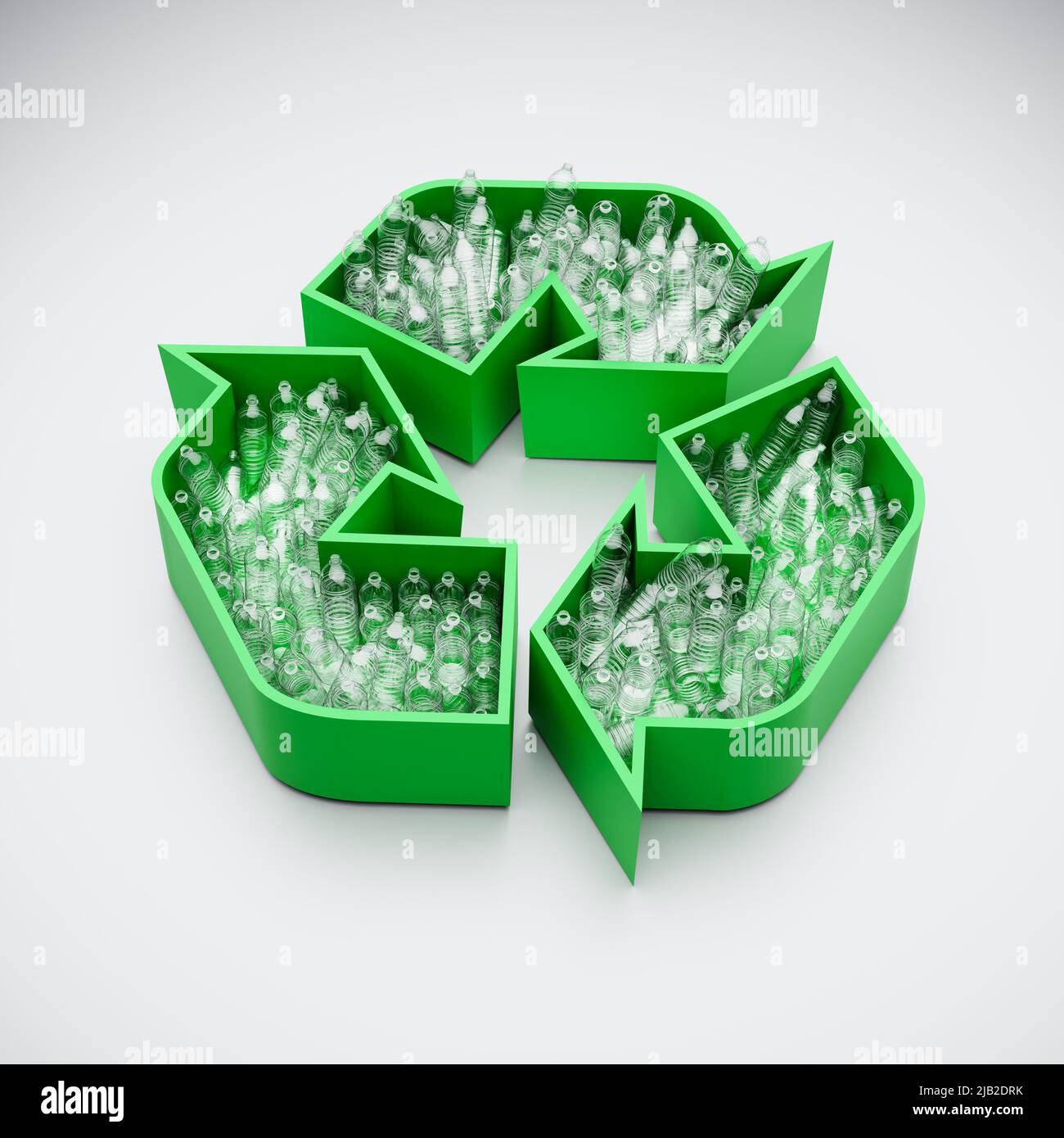 Empty plastic water bottles in a recycling logo on grey background. Concept for recycling of plastic waste. Stock Photo