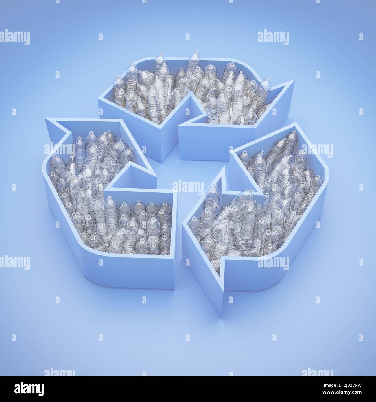 Empty plastic water bottles in a recycling logo. Concept for recycling of plastic waste. Stock Photo