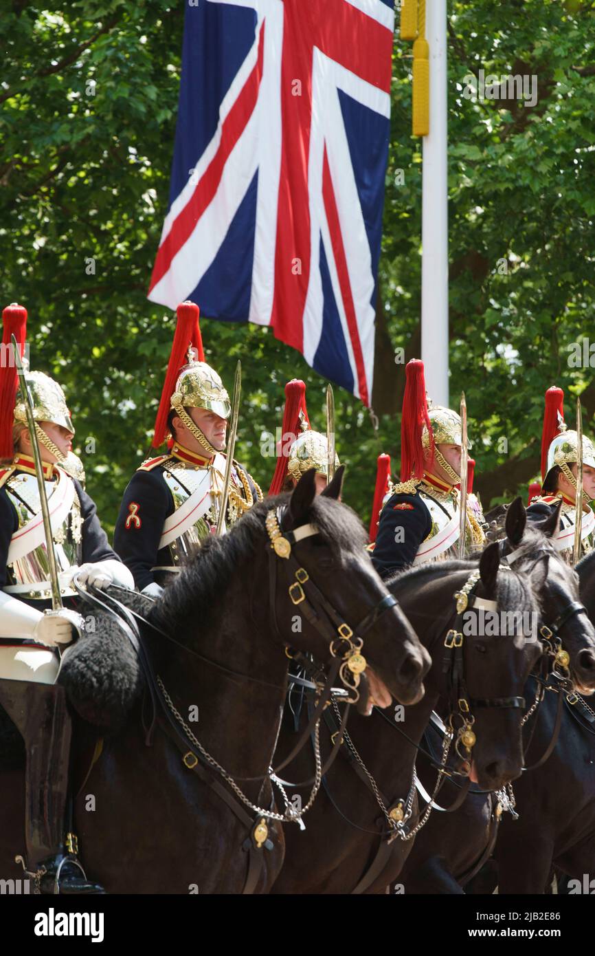 LONDON - JUNE 2: The Household Cavalry on The Mall, at  the Trooping the Colour ceremony on June 2, 2022 in central London. Photo by David Levenson Credit: David Levenson/Alamy Live News Stock Photo