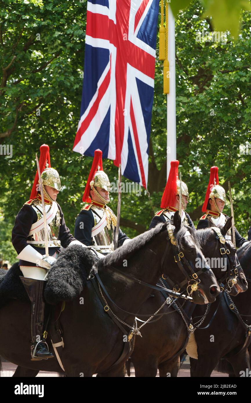 LONDON - JUNE 2: The Household Cavalry on The Mall, at  the Trooping the Colour ceremony on June 2, 2022 in central London. Photo by David Levenson Credit: David Levenson/Alamy Live News Stock Photo