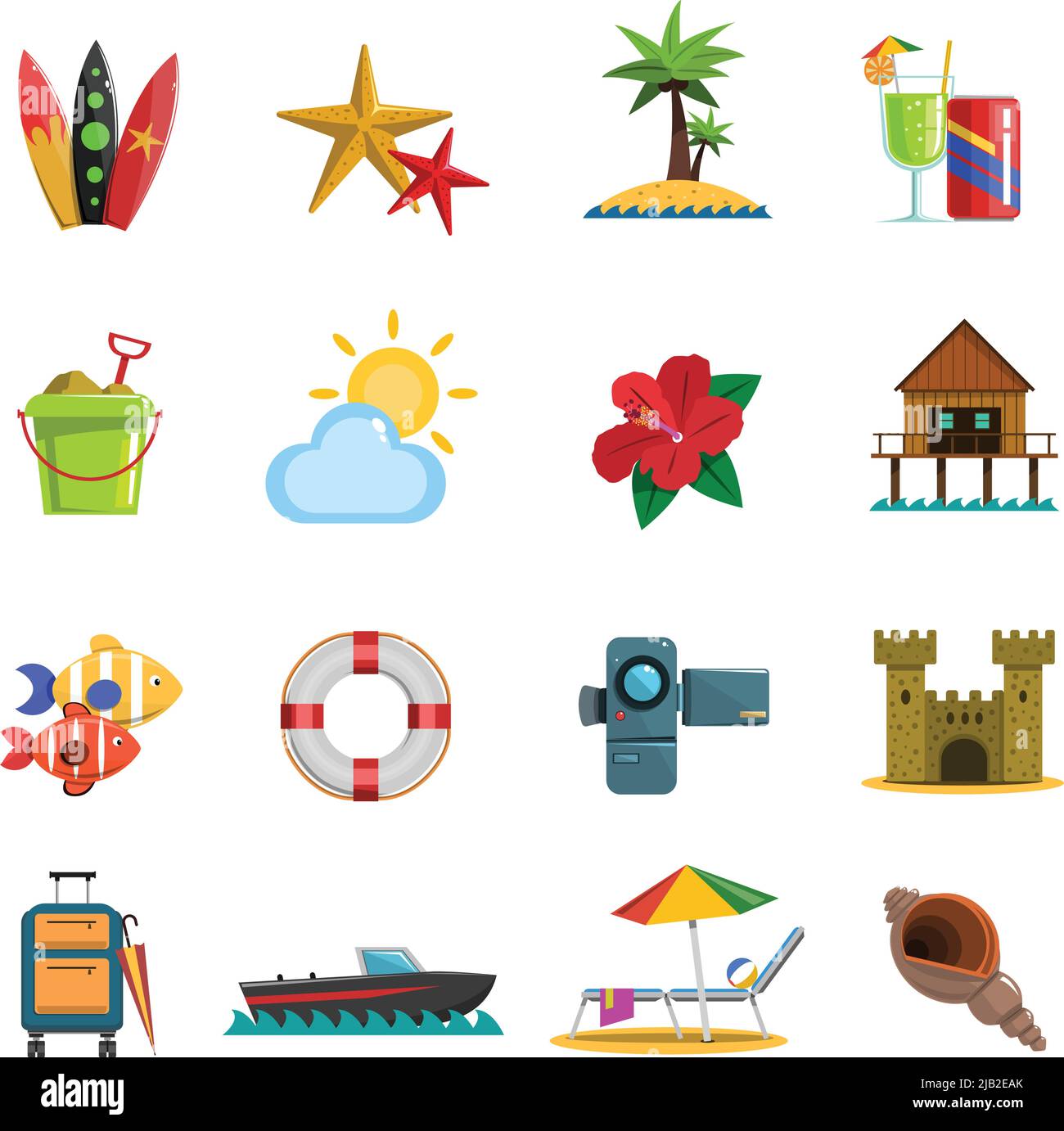 Beach icons flat set with cocktail camera suitcase isolated vector ...