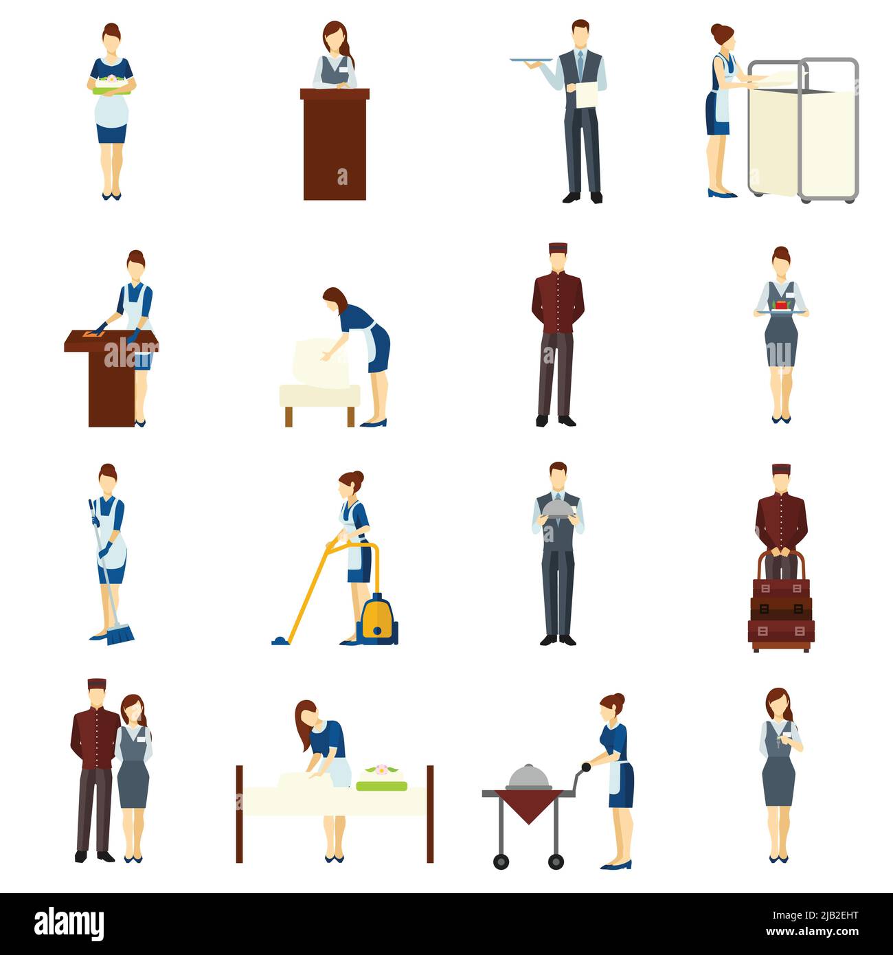Hotel staff flat icons set with maid and waiter characters isolated vector illustration Stock Vector