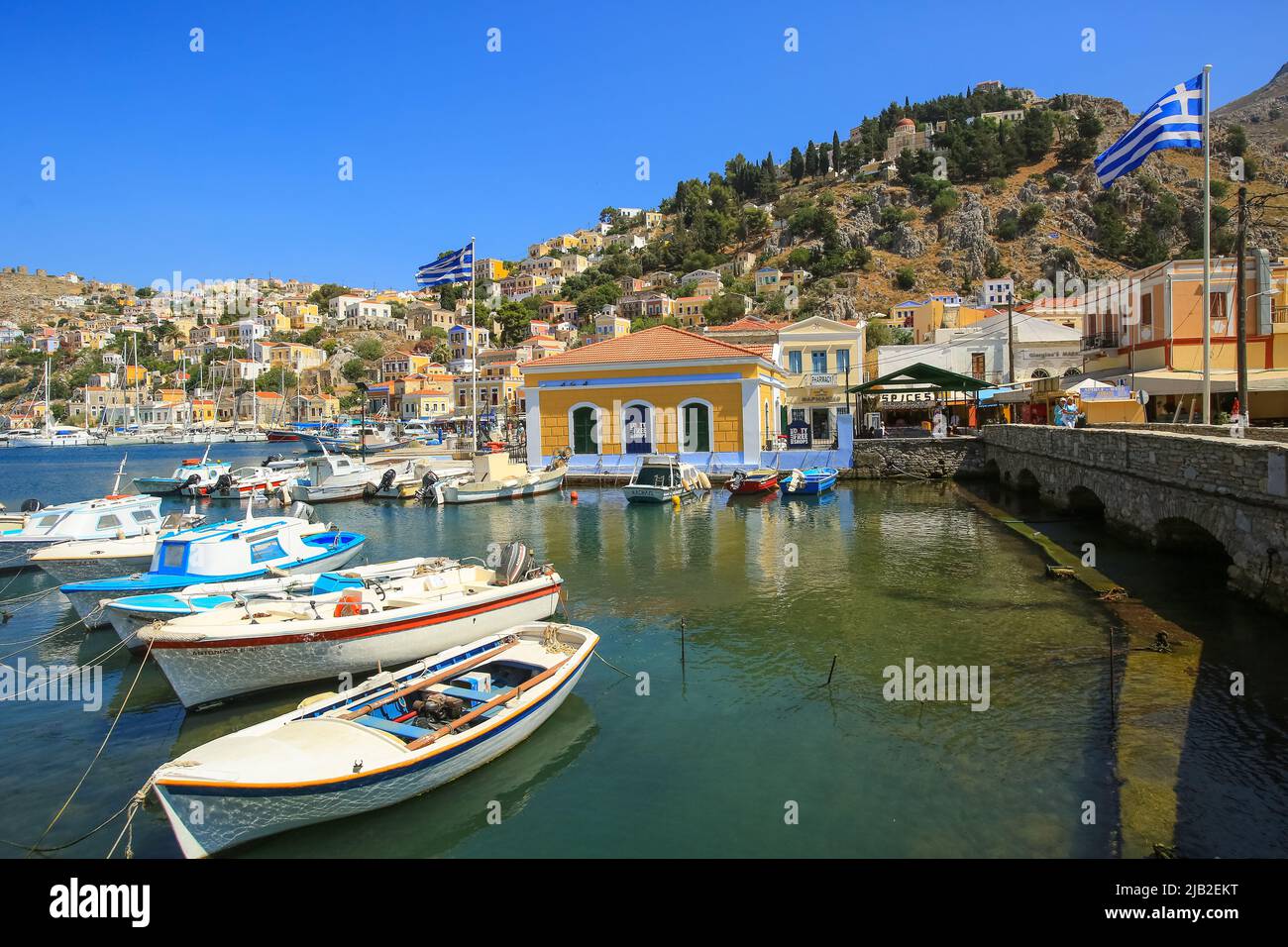 Symi Greece 07/02/2016 Promenade at the island Symi, infrastructure for tourists and colorful