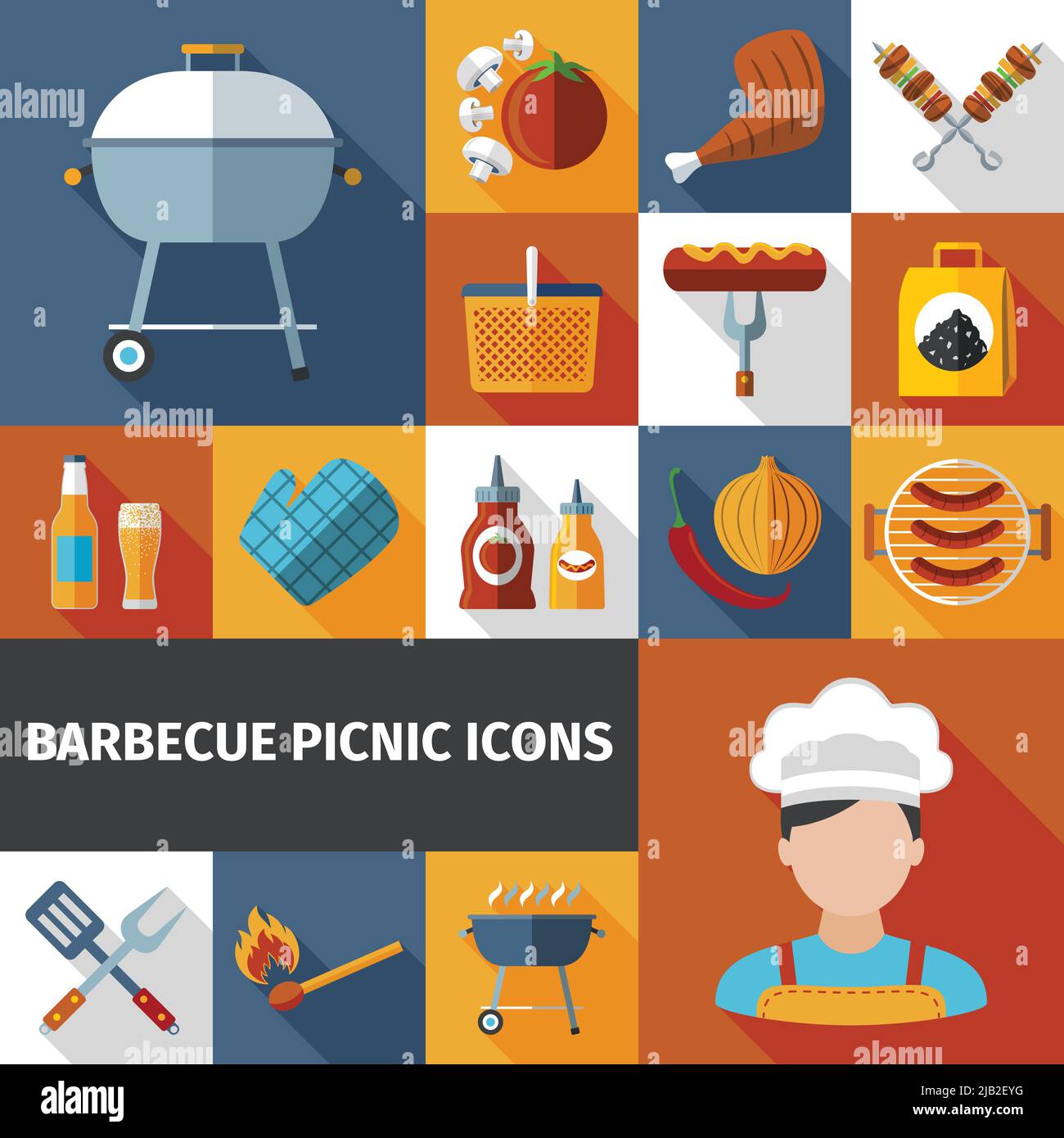Family weekend barbeque picnic flat icons set with bbq grill and meat ...