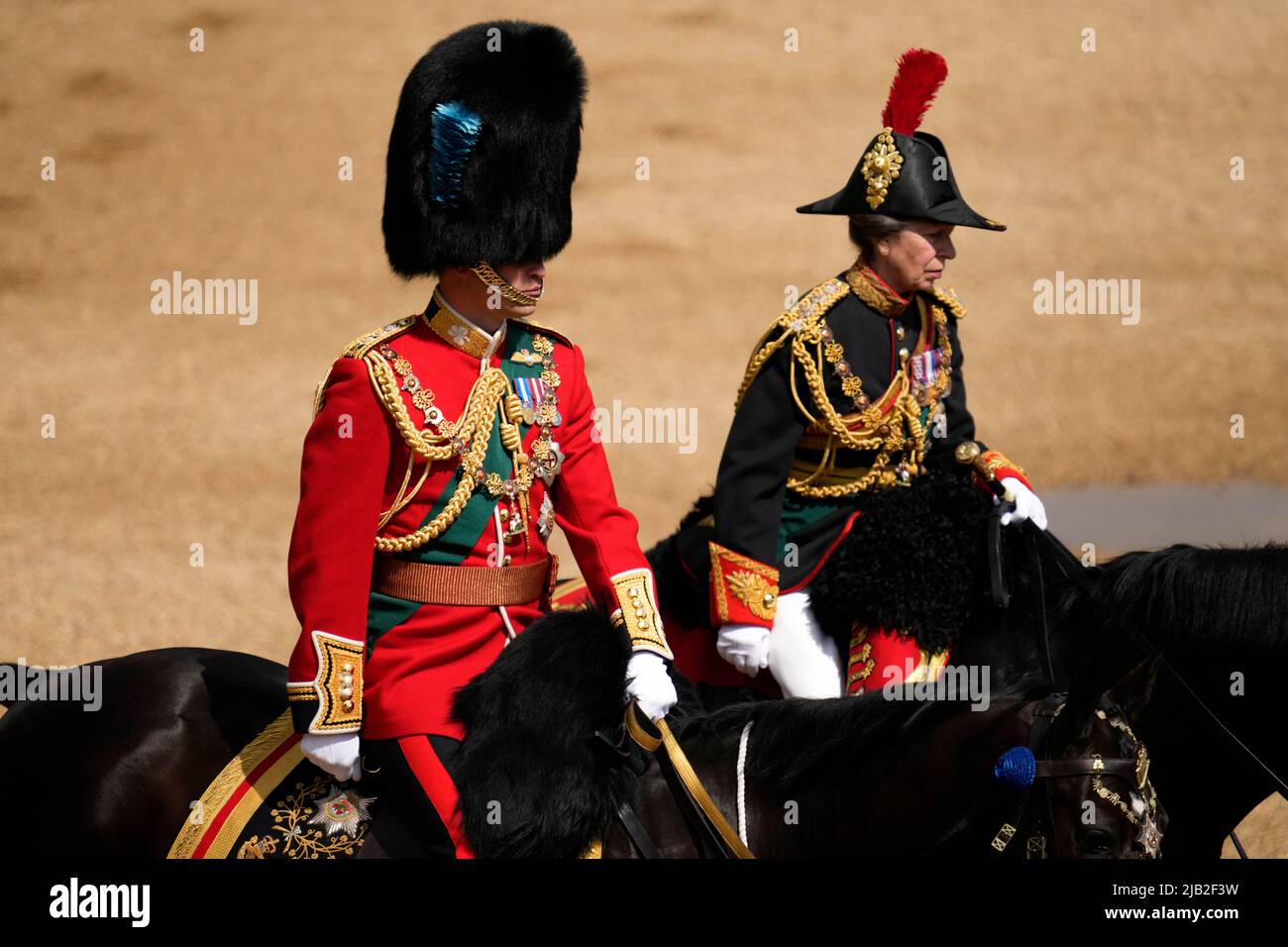 The Prince of Wales and the Princess Royal during the Trooping of the Colour ceremony at Horse Guards Parade, central London, as the Queen celebrates her official birthday, on day one of the Platinum Jubilee celebrations. Picture date: Thursday June 2, 2022. Stock Photo