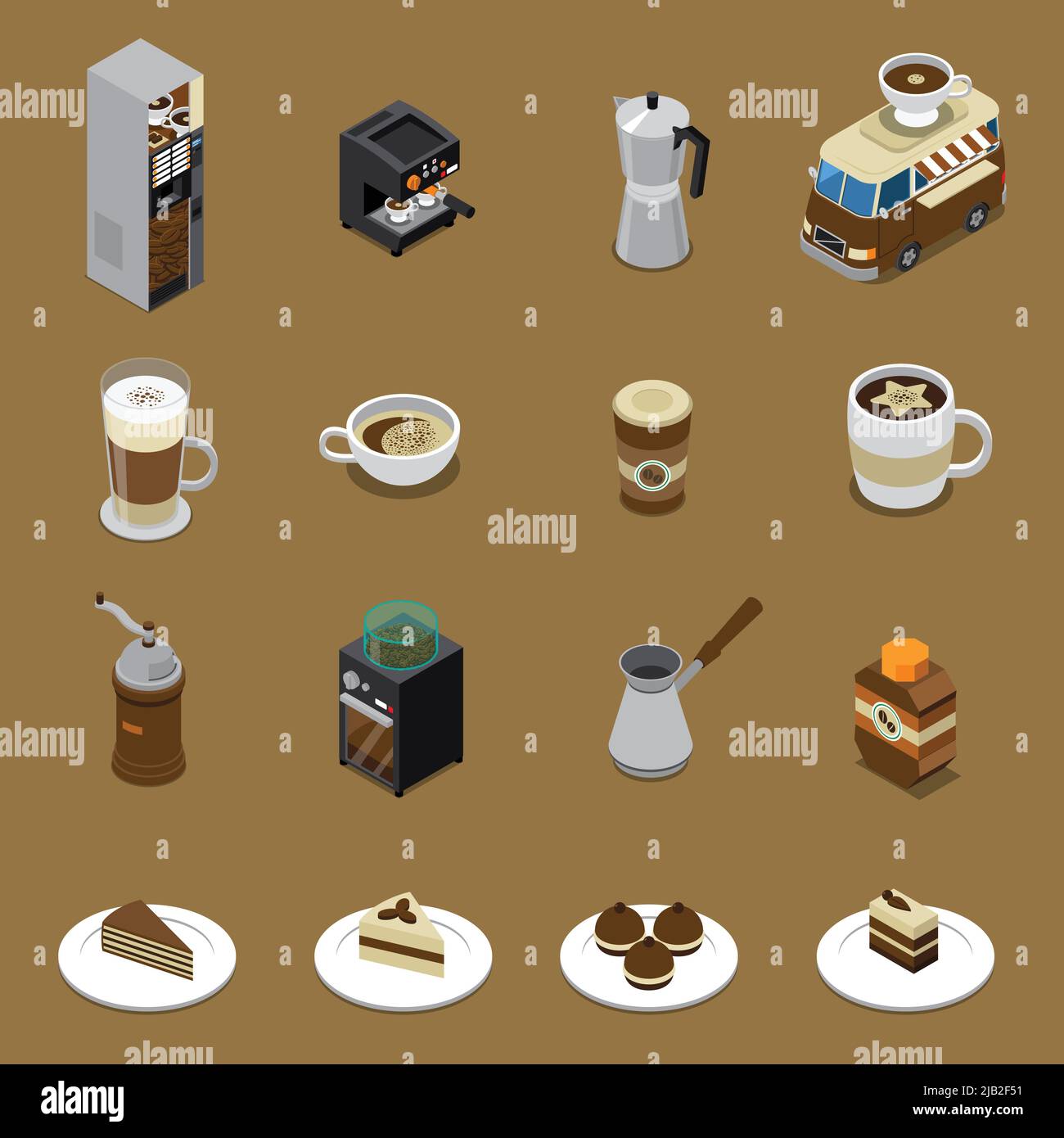 Coffee isometric set with beverages and sweets on plates vending