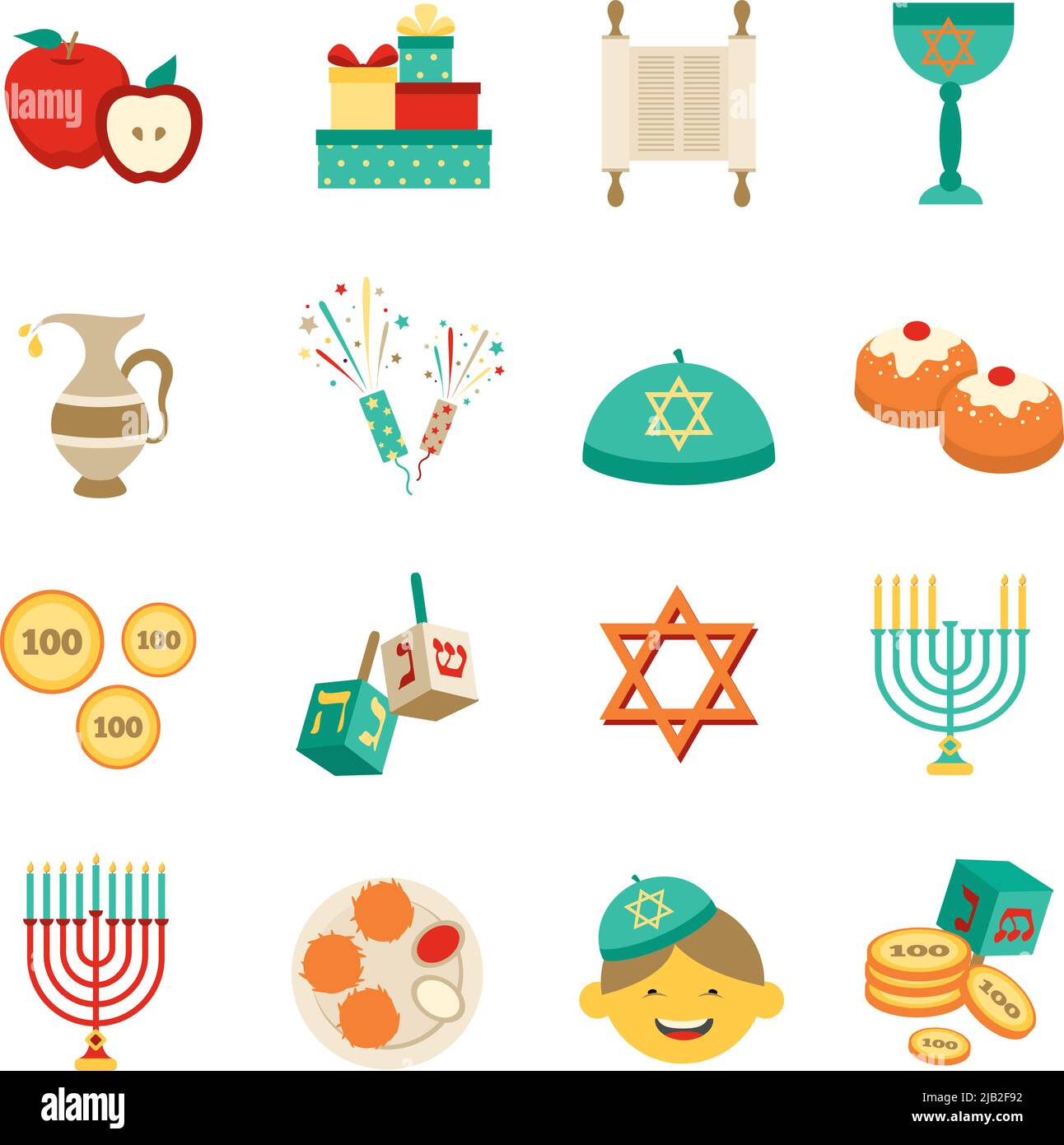 Various symbols and items of hanukkah celebration flat icons set isolated vector illustration Stock Vector