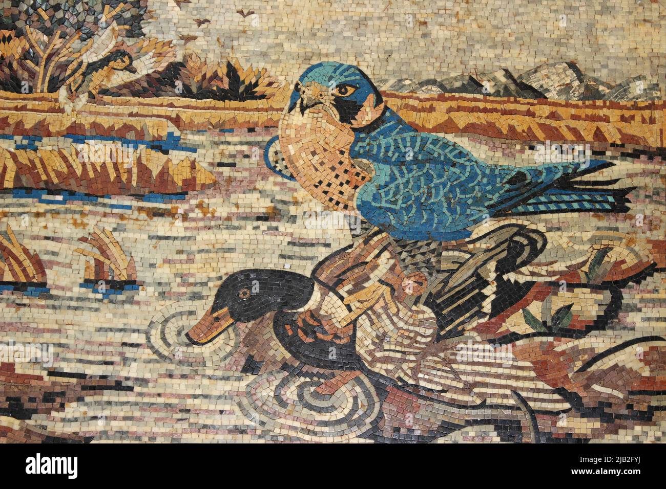 Falcon Hunting Duck - mosaic art Stock Photo