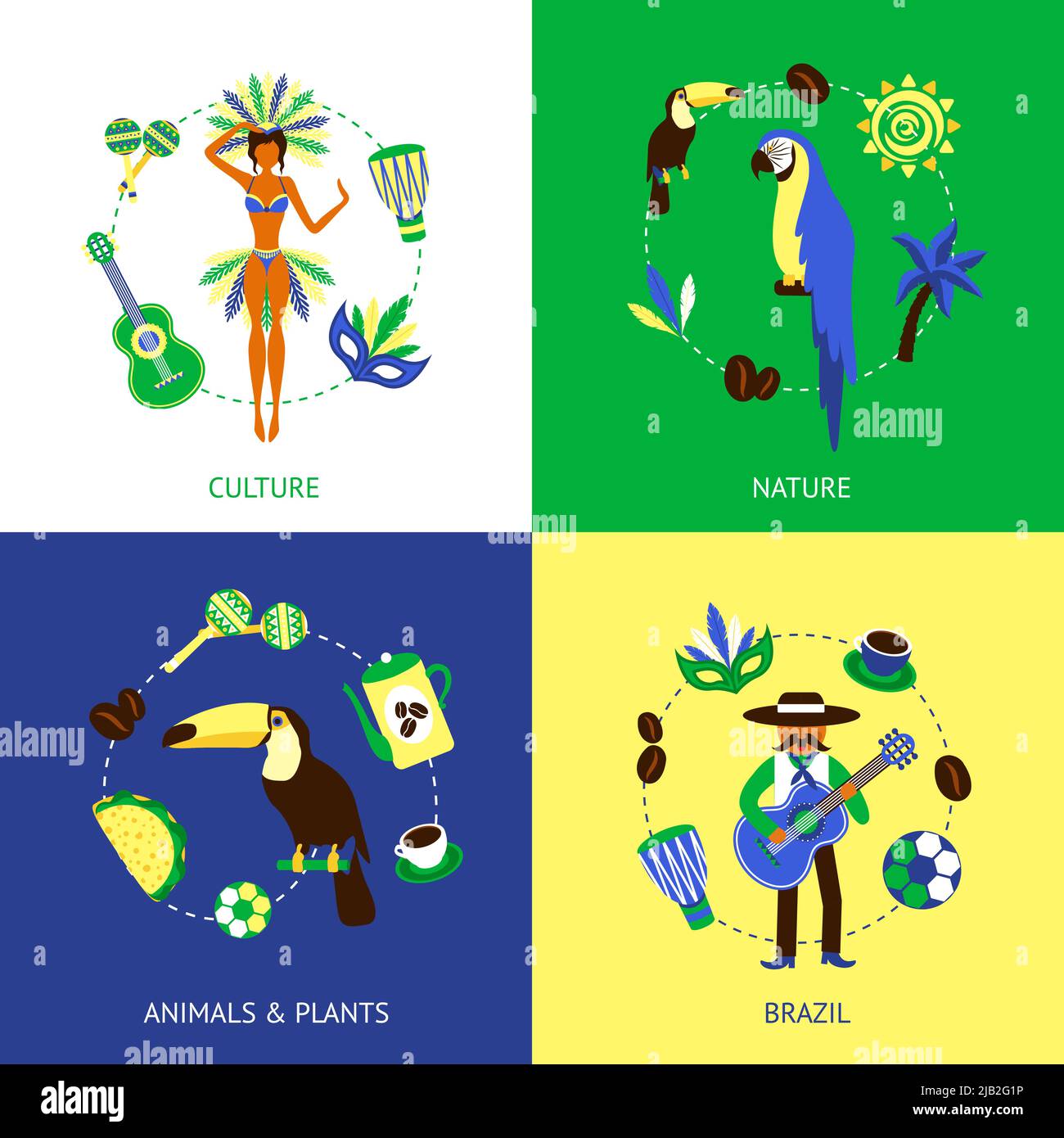 Brazil design concept set with nature culture animals and plants flat icons isolated vector illustration Stock Vector