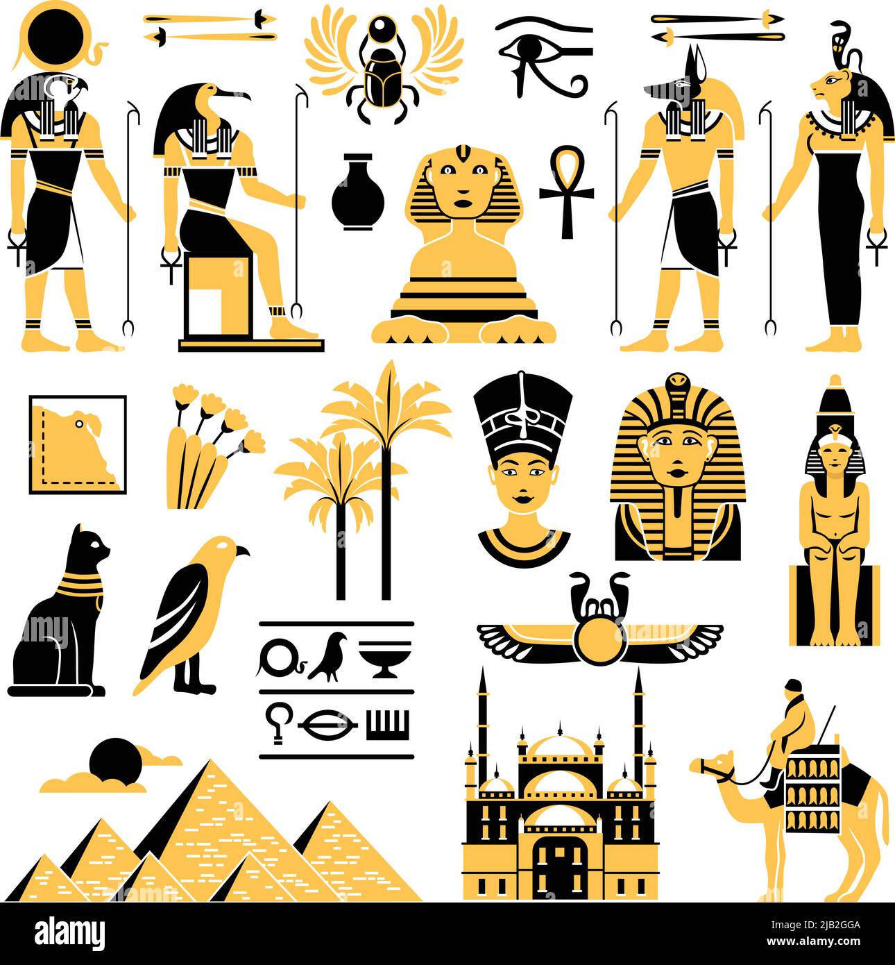 Egypt symbols set in golden and black colors with ancient egyptian ...