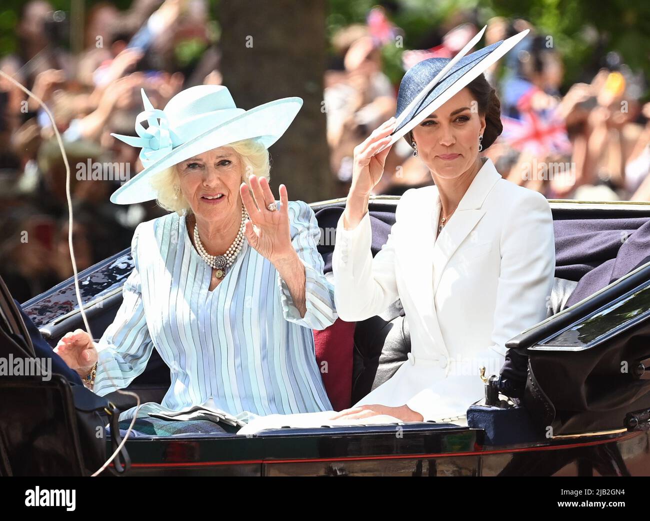 June 2nd, 2022. London, UK. The Duchess of Cambridge and The Duchess of Cornwall riding in a carriage during Trooping the Colour, part of the Platinum Jubilee celebrations. Credit: Doug Peters/EMPICS/Alamy Live News Stock Photo