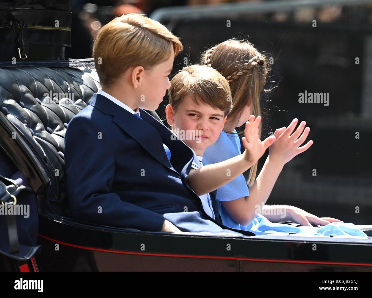 June 2nd, 2022. London, UK. The Duchess of Cambridge, The Duchess of Cornwall, Prince George, Princess Charlotte, Prince Louis riding in a carriage during Trooping the Colour, part of the Platinum Jubilee celebrations. Credit: Doug Peters/EMPICS/Alamy Live News Stock Photo