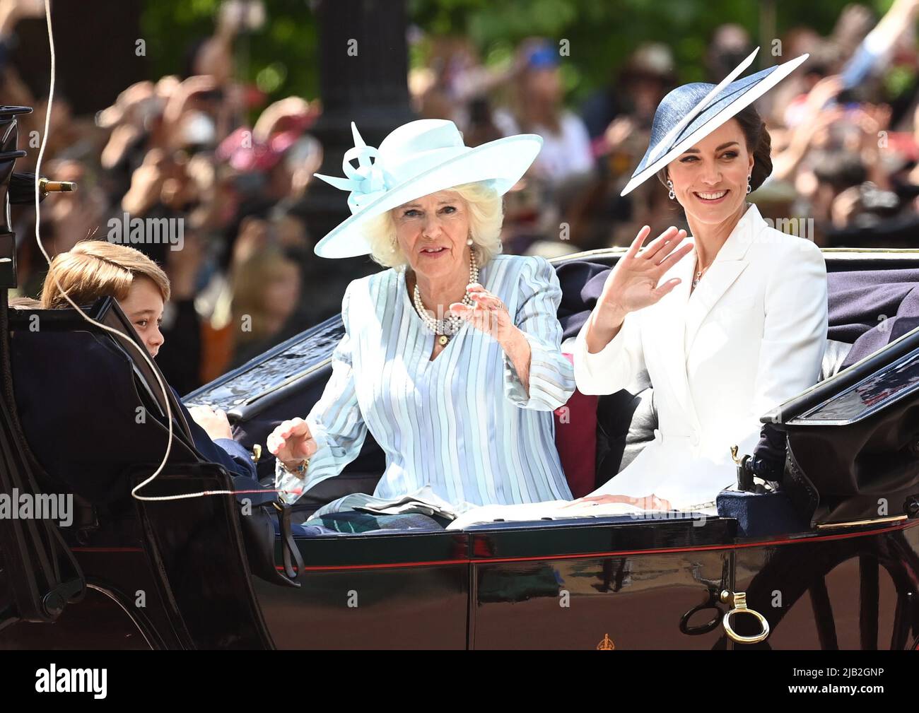 June 2nd, 2022. London, UK. The Duchess of Cambridge, Prince George and The Duchess of Cornwall riding in a carriage during Trooping the Colour, part of the Platinum Jubilee celebrations. Credit: Doug Peters/EMPICS/Alamy Live News Stock Photo