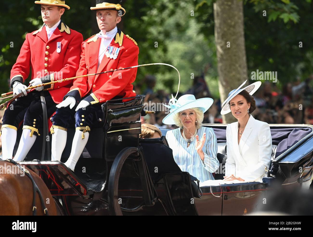 June 2nd, 2022. London, UK. The Duchess of Cambridge and The Duchess of Cornwall riding in a carriage during Trooping the Colour, part of the Platinum Jubilee celebrations. Credit: Doug Peters/EMPICS/Alamy Live News Stock Photo