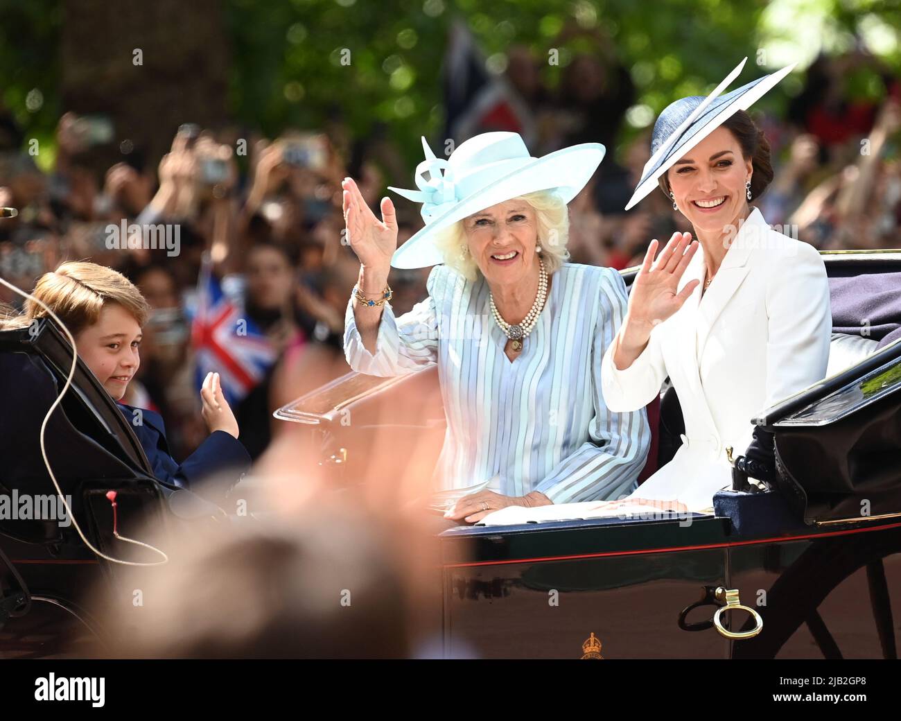 June 2nd, 2022. London, UK. The Duchess of Cambridge, Prince George and The Duchess of Cornwall riding in a carriage during Trooping the Colour, part of the Platinum Jubilee celebrations. Credit: Doug Peters/EMPICS/Alamy Live News Stock Photo