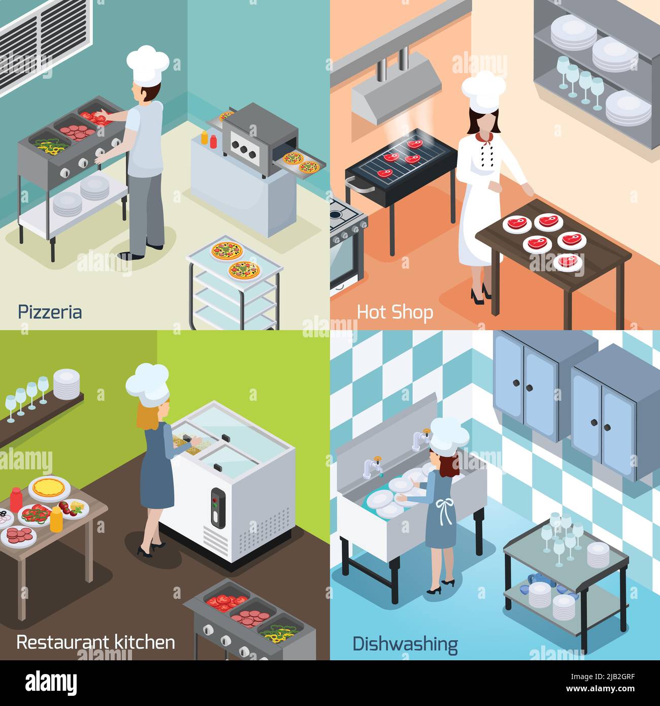 Commercial pizzeria and restaurant kitchen interior  equipment appliances 4 isometric icons square with dishwashing facility isolated vector illustrat Stock Vector