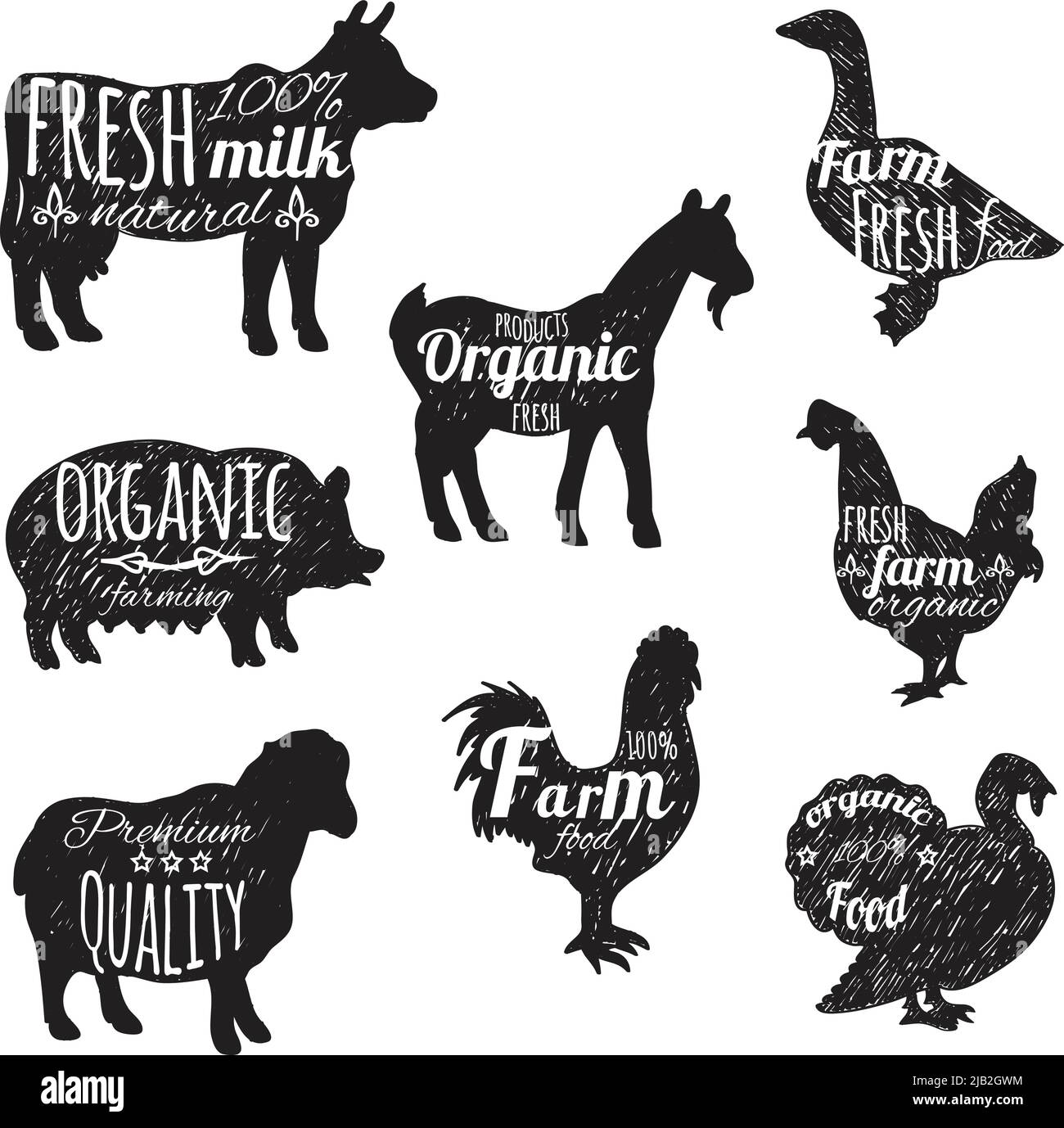 Farm animals set chalkboard decorative icons with cow sheep goose