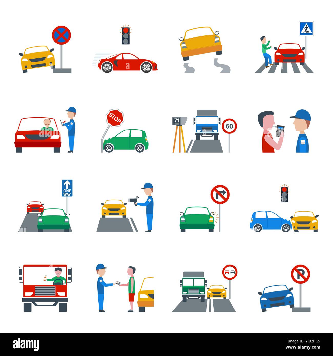 Traffic and driving violation flat icons set isolated vector illustration Stock Vector