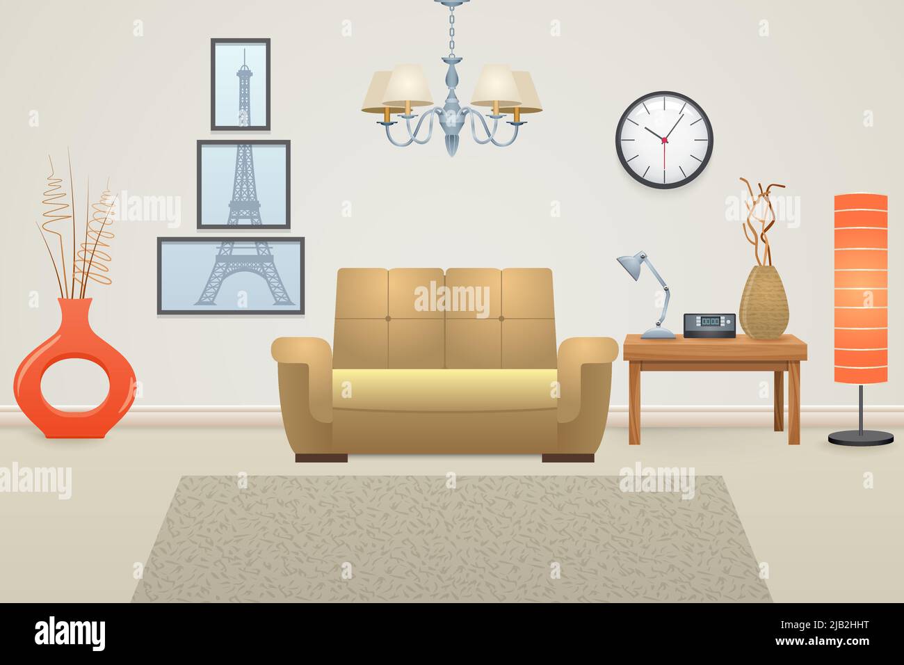Living room interior concept with furniture and decor elements vector ...