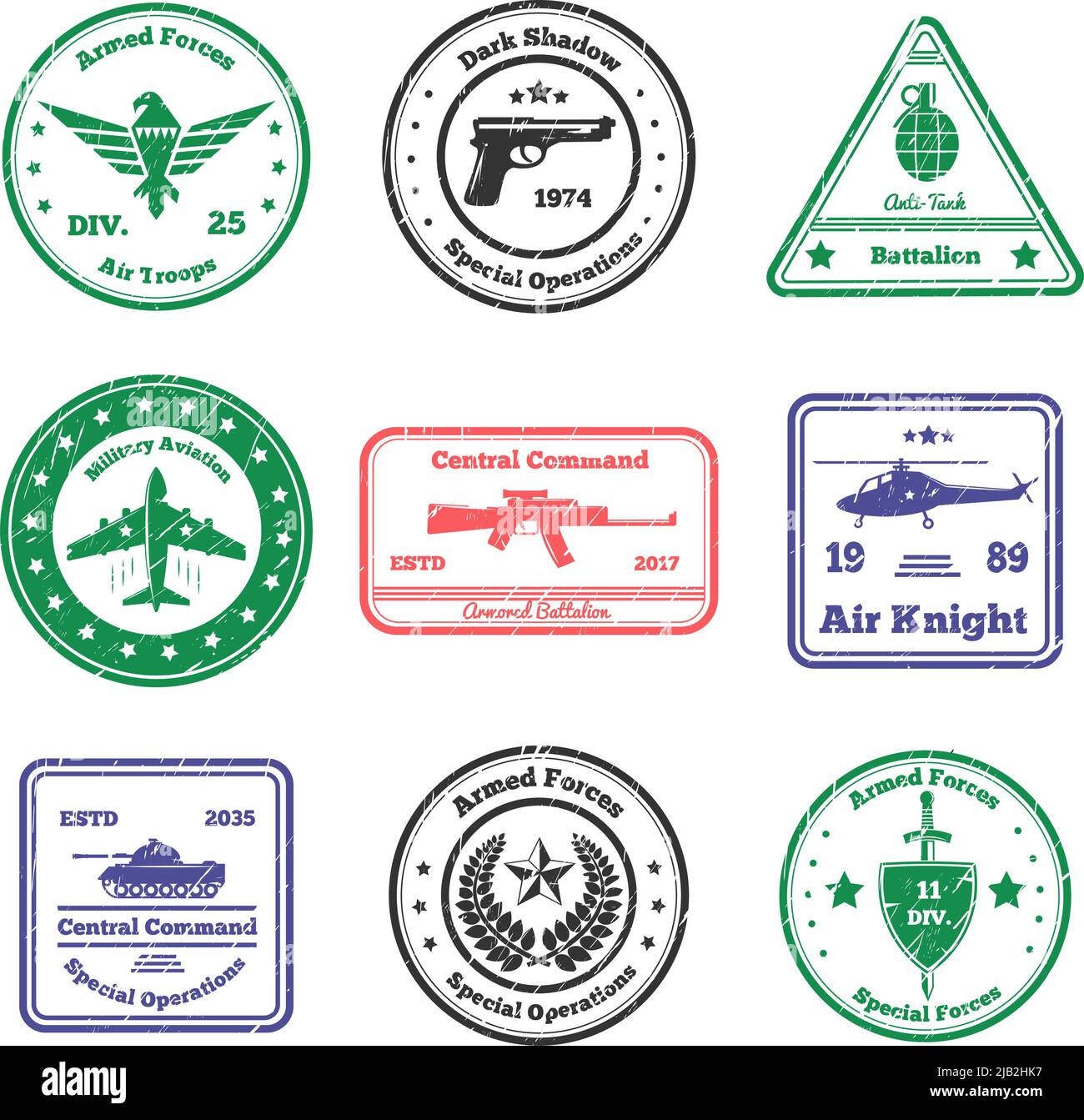Military grunge stamps collection of nine flat postal stamps with text captions signs and weapon symbols vector illustration Stock Vector
