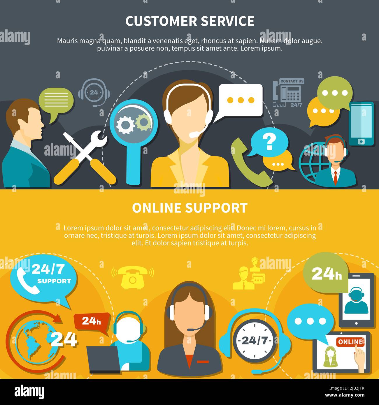 Set of horizontal banners on black yellow background with customer