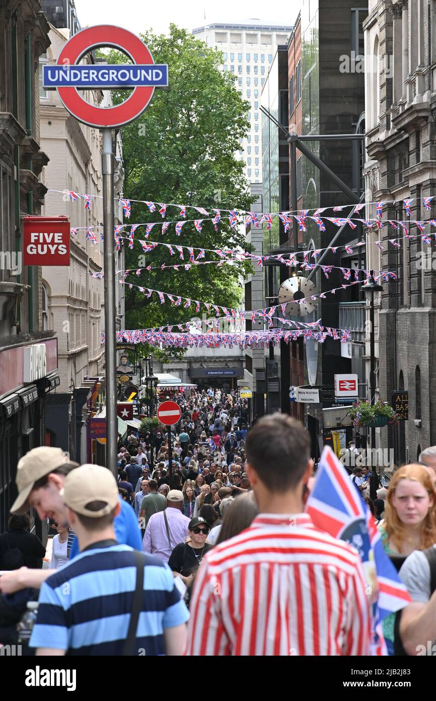 Charing Cross, London, UK. 2nd June 2022. RAF Red Arrows flypast for