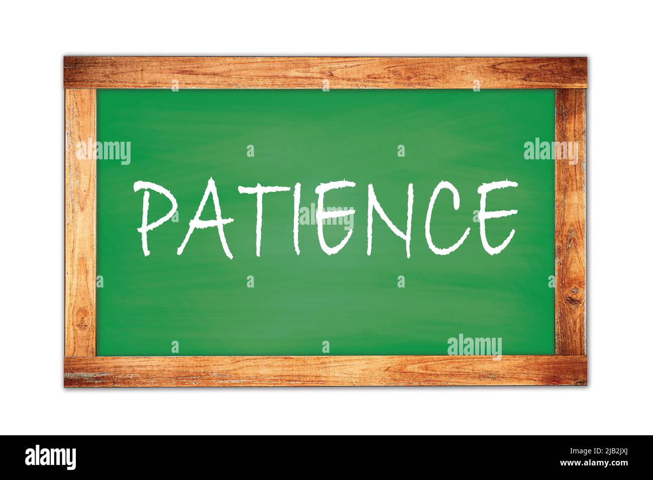 PATIENCE text written on green wooden frame school blackboard. Stock Photo