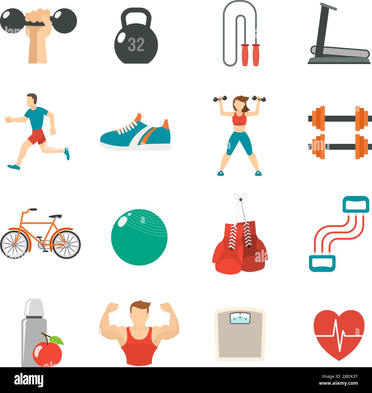 Fitness icon flat set with treadmill dumbbells running man isolated vector illustration Stock Vector