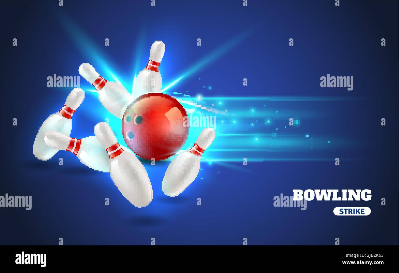 Bowling strike with ball and bowling pins on blue background realistic vector illustration Stock