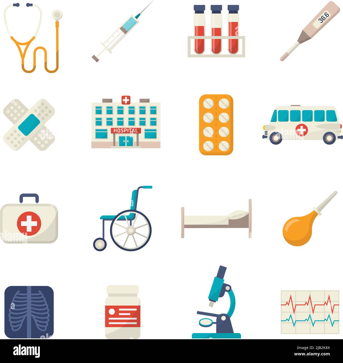 Medical icons flat set with wheelchair blood test hospital bed isolated