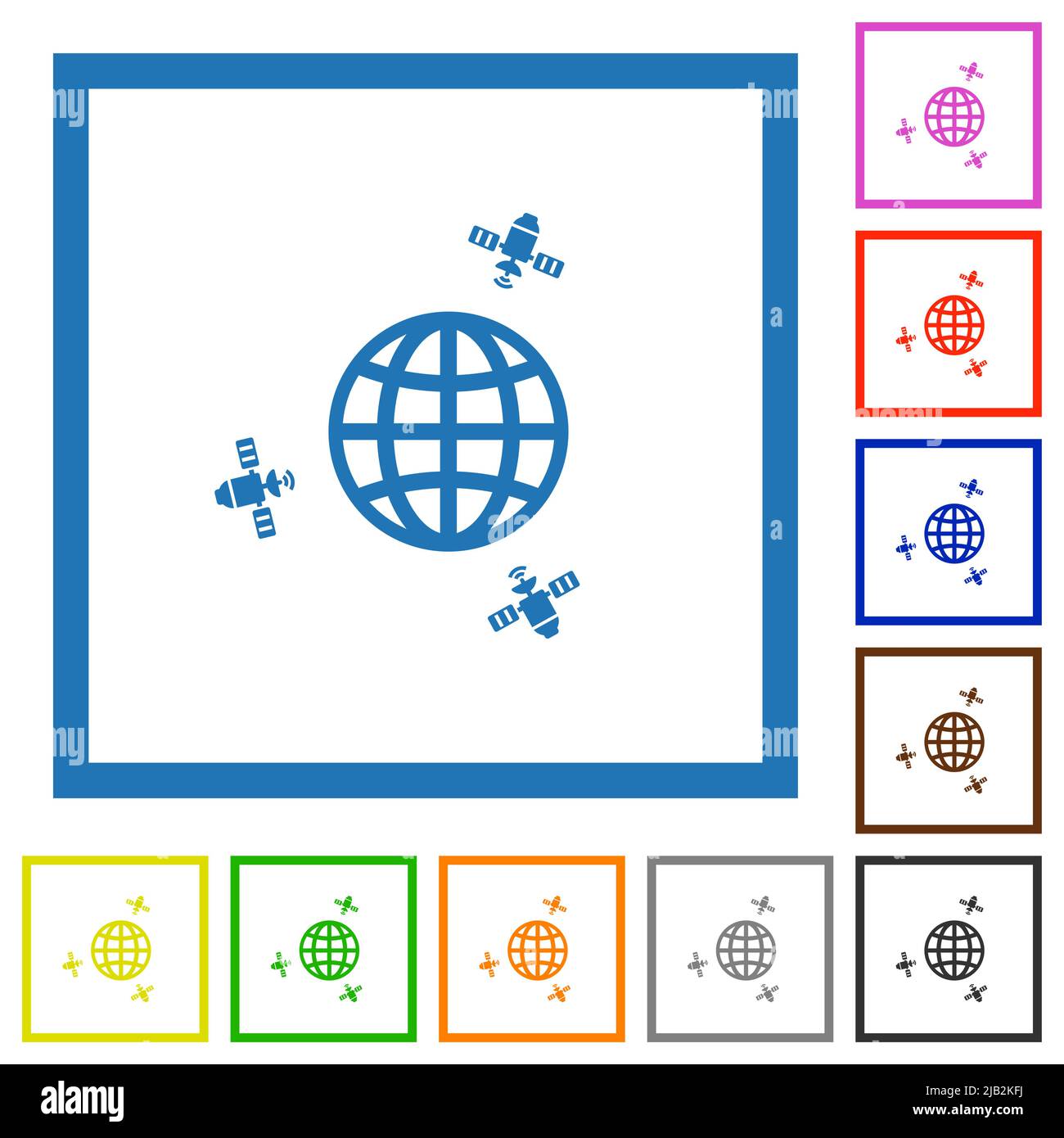 Satellite communication flat color icons in square frames on white ...