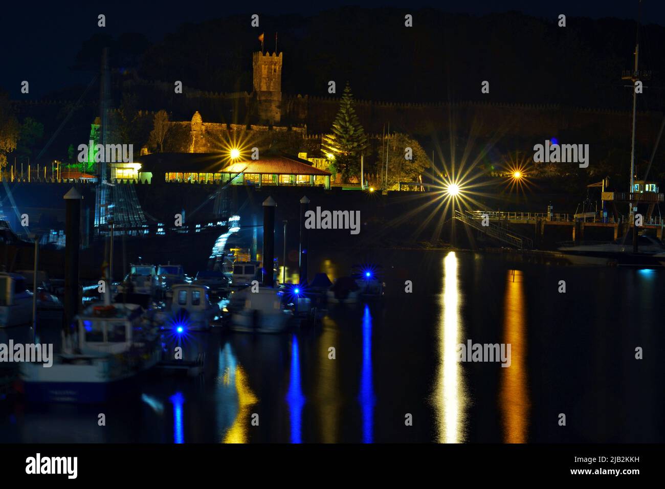 Baiona Castle and harbour nightscape Stock Photo