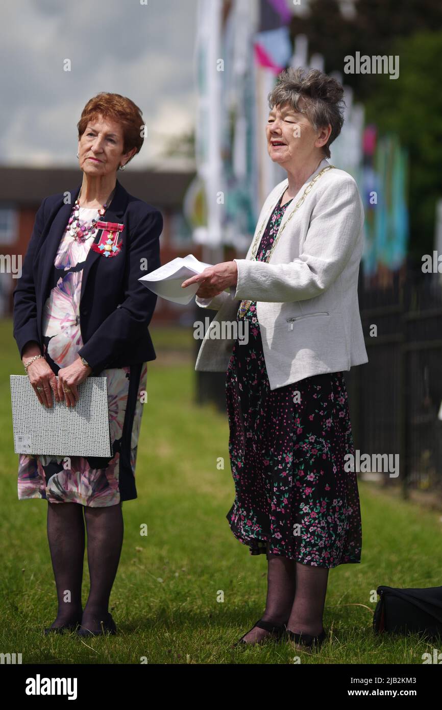 Wallsend, England, 2 June 2022. North Tyneside's Elected Mayor, Norma Redfearn and Council Chair Cllr Pat Oliver announcing a specially written proclamation heralding the lighting of the beacons later in the day at Segedunum Roman Fort. Credit: Colin Edwards / Alamy Live News Stock Photo