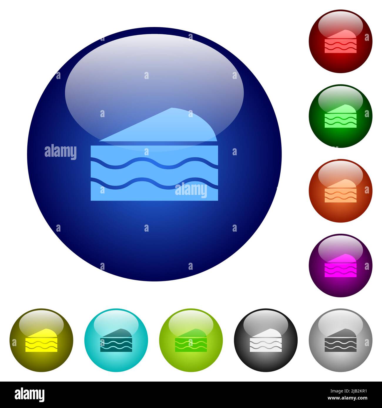 Slice of cake icons on round glass buttons in multiple colors. Arranged ...