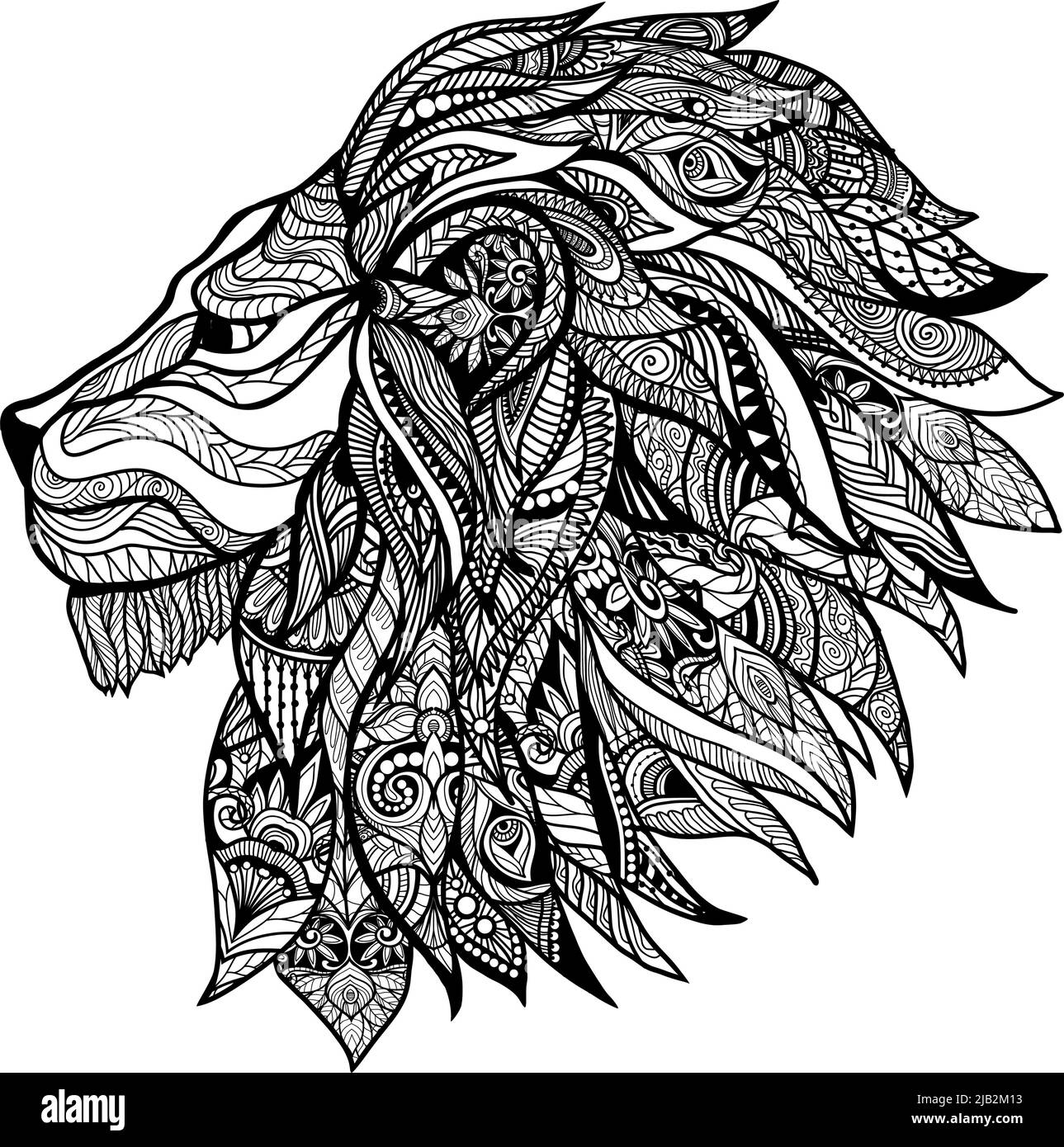Hand drawn decorative lion head with floral ornament vector illustration Stock Vector