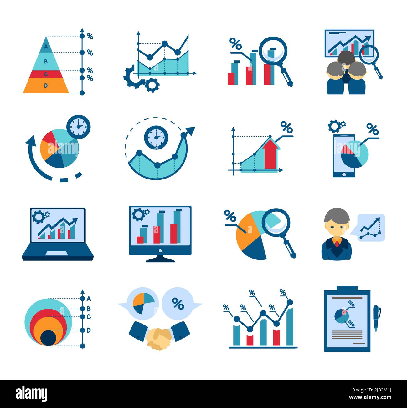 Data analysis techniques for effective business management and market research flat icons