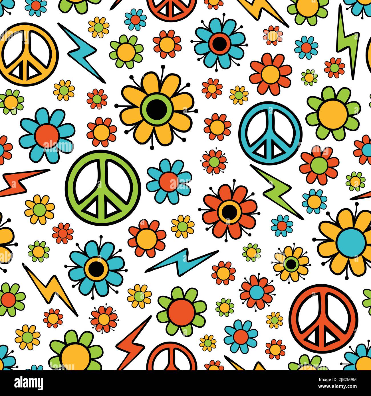 Seamless vector pattern with flowers and peace symbol on white background.  Simple retro wallpaper design. Colourful childish hippy style Stock Vector  Image & Art - Alamy