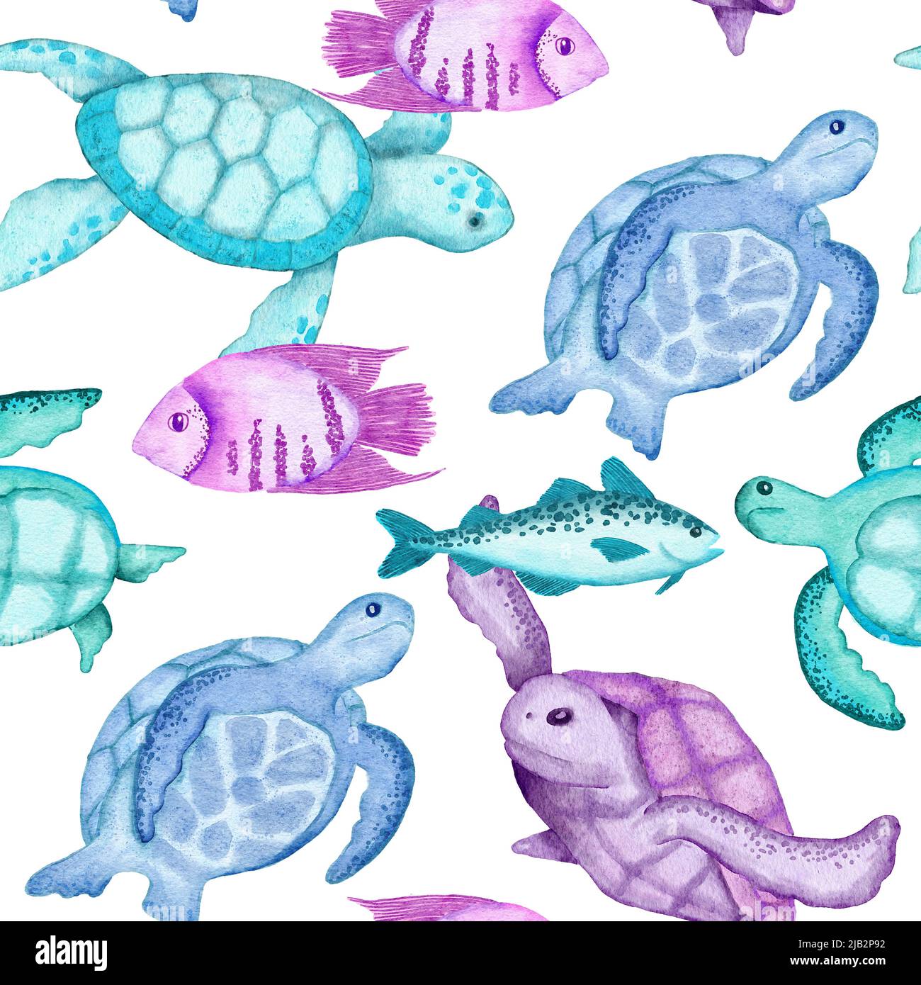 Watercolor hand drawn seamless pattern with underwater marine nautical ...