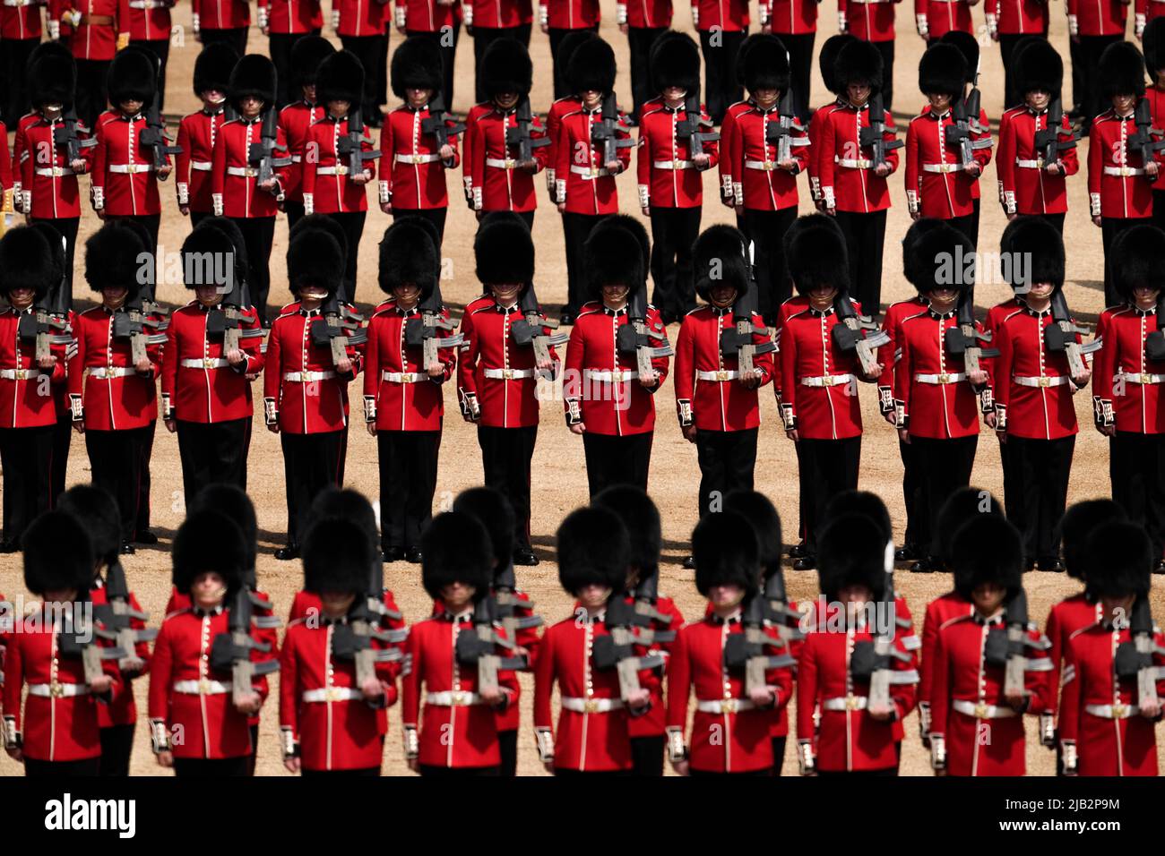 Members of the Household division during the Trooping the Colour ceremony at Horse Guards Parade, central London, as the Queen celebrates her official birthday, on day one of the Platinum Jubilee celebrations. Picture date: Thursday June 2, 2022. Stock Photo