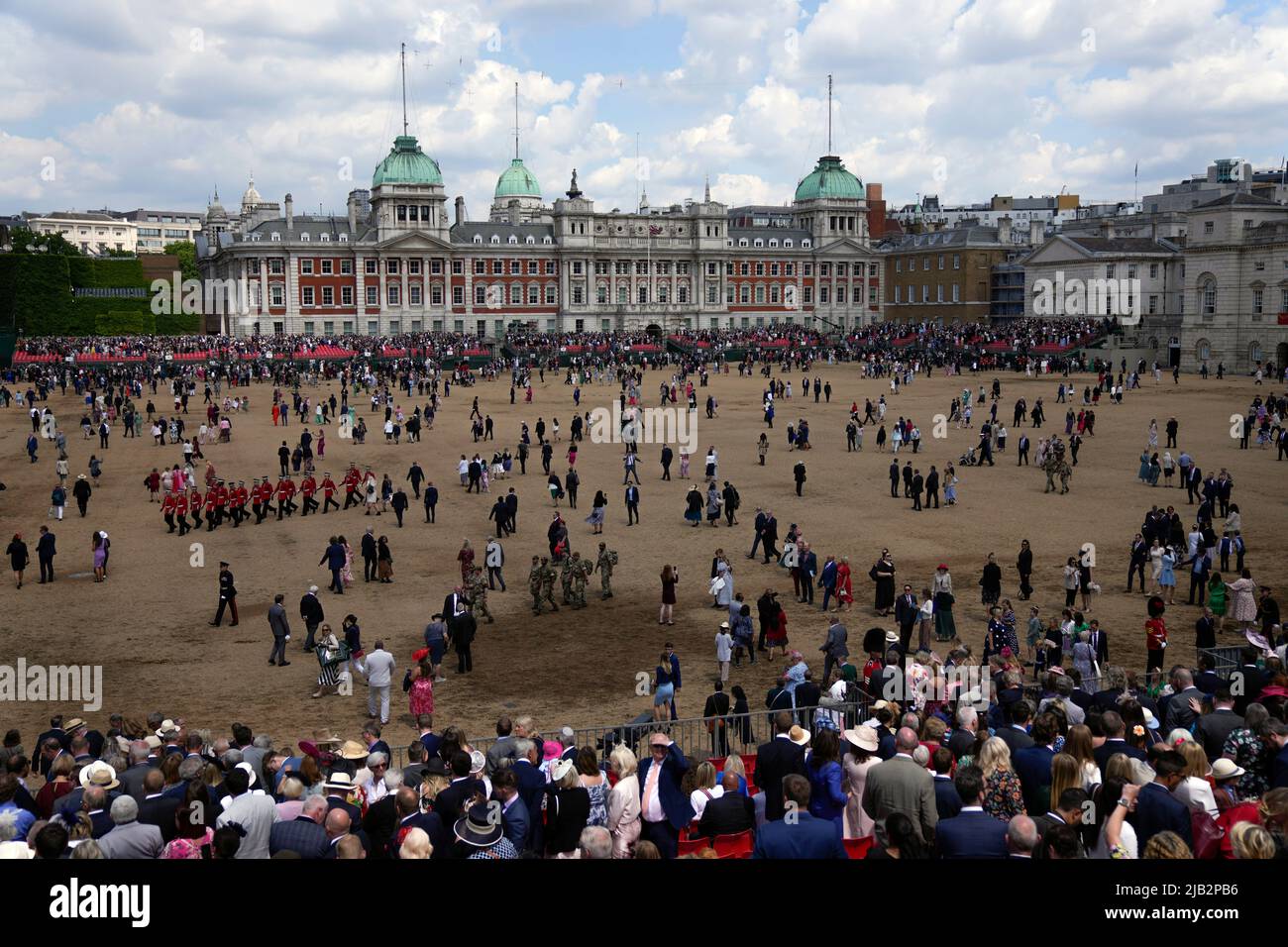 Members of the public leave Horse Guards Parade after the Trooping the Colour ceremony, central London, as the Queen celebrates her official birthday, on day one of the Platinum Jubilee celebrations. Picture date: Thursday June 2, 2022. Stock Photo